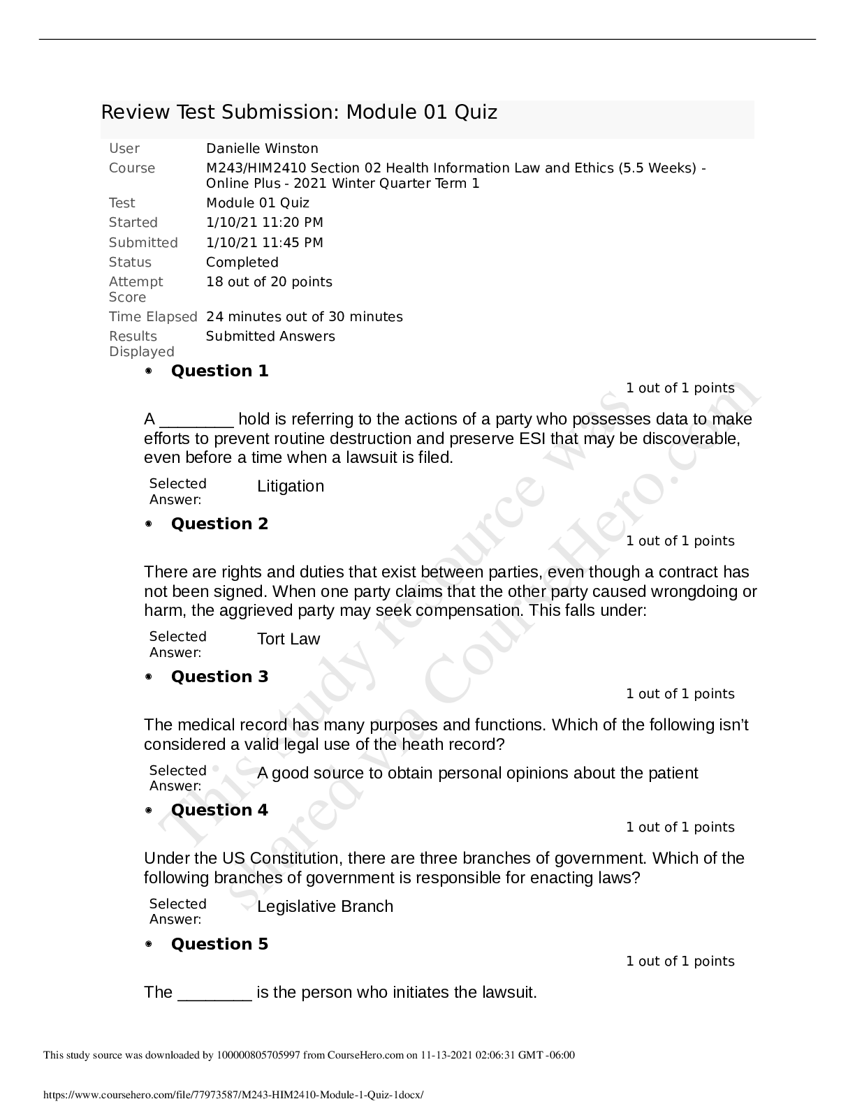Preview image of HIM2410 Module 1 Quiz 1 document